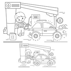 Educational Puzzle Game for kids: numbers game. Car. Coloring Page Outline Of cartoon driver with car on petrol station. Coloring book for children.