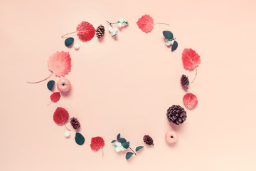 Circular round wreath made of autumn forest elements - berries, red leaves, wild apples and wooden pines cones arranged on pink background.