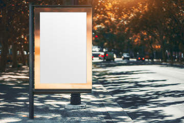 Mockup of a blank information poster in a golden frame near the road; an empty vertical street...
