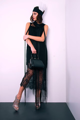 Roaring twenties poster flapper party girl, vintage 20s fashion style and make up and hairstyle,...