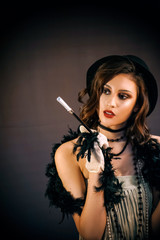 Roaring twenties poster flapper party girl, vintage 20s fashion style and make up and hairstyle,...