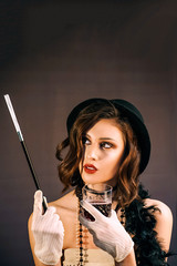 Roaring twenties poster flapper party girl, vintage 20s fashion style and make up and hairstyle,...