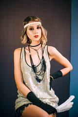 Roaring twenties poster flapper party girl, vintage 20s fashion style and make up and hairstyle,...