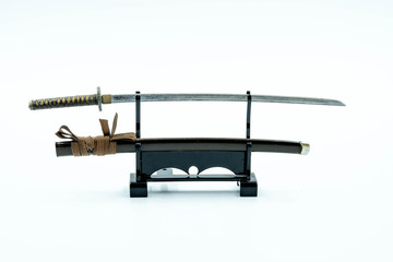 Japanese Tradition Ninja Samurai Sword on the Stabd  Isolate on White Background 
