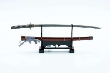 Japanese Tradition Ninja Samurai Sword on the Stabd  Isolate on White Background 