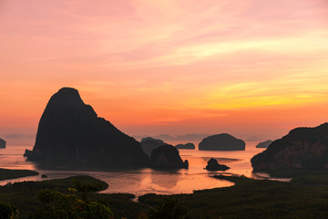 Landscape nature view, Beautiful light sunrise over mountains in thailand located at Samet-nangshe beautiful scenery new landmark in Phang nga