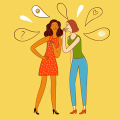 Cartoon girls friends telling secrets and gossip.