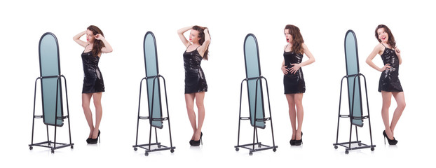 Woman trying new clothing on white