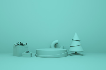Merry Christmas and Happy New Year 3d rendering with christmas tree, gift box, geometric shape, platform for product presentation, mock up. Winter decoration, xmas minimal design
