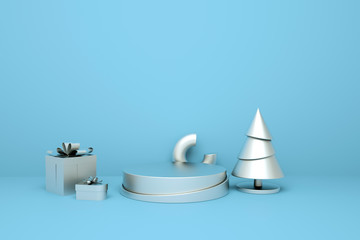 Merry Christmas and Happy New Year 3d rendering with christmas tree, gift box, geometric shape, platform for product presentation, mock up. Winter decoration, xmas minimal design