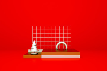 3d rendering abstract blank red background with Christmas tree, geometric shape, blank pedestal, empty space. Square platform. Product showcase mockup