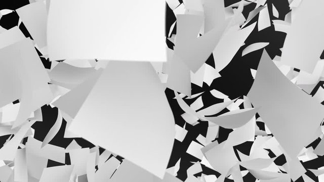 Drowned in Paperwork with too much Work. Blank white pages falling from top at the camera on black and green screen background.