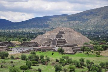 View of the pyramid of the moon at aztec pyramid Teotihuacan , ancient Mesoamerican city in Mexico, located in the Valley of Mexico, near of Mexico City, Mexico.