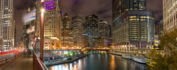 Chicago downtown skyline evening night river