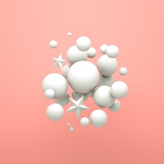 3d rendering background. white balls, stars isolated. Festive clip art. Arrangement of levitating objects.