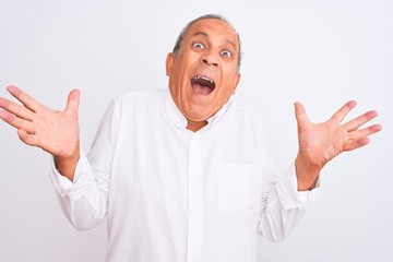 Naklejka premium Senior grey-haired man wearing elegant shirt standing over isolated white background celebrating crazy and amazed for success with arms raised and open eyes screaming excited. Winner concept