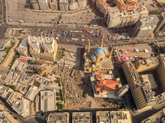 Aerial drone shot of Beirut downtown, Lebanon ; Martyrs' Square during the Lebanese Revolution,...