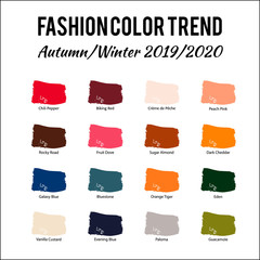 Fashion Color Trend Autumn Winter 2019 2020. Trendy colors palette guide. Brush strokes of paint color with names swatches. Easy to edit vector template for your creative designs.