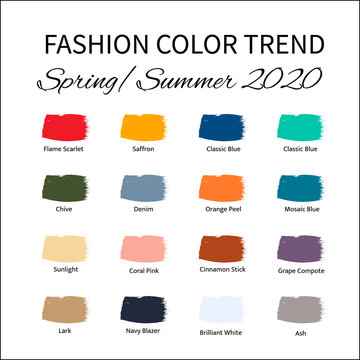 Fashion Color Trend Spring Summer 2020. Trendy colors palette guide. Brush strokes of paint color with names swatches. Easy to edit vector template for your creative designs.