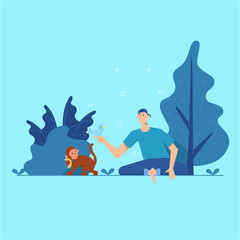 Young man in nature playing with bird and monkey ,happy man flat character cartoon illustration vector
