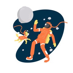 Astronaut and his cat wearing a spacesuit exploring space. Say Hi to a moon .doing a spacewalk. Human and Cat flat illustration cartoon