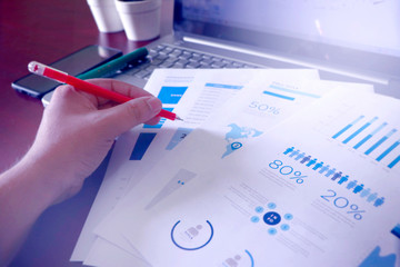 Corporate Business infograph checking sheet along with Laptop, Checking The Company Profit, Marketing & Finance Photo, Finding profit & Loss