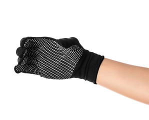 Gesture to grab. Hand in a black glove with rubber on an isolated white background eats lose