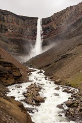 Majestic Hengifoss waterfall in Iceland in overcast weather