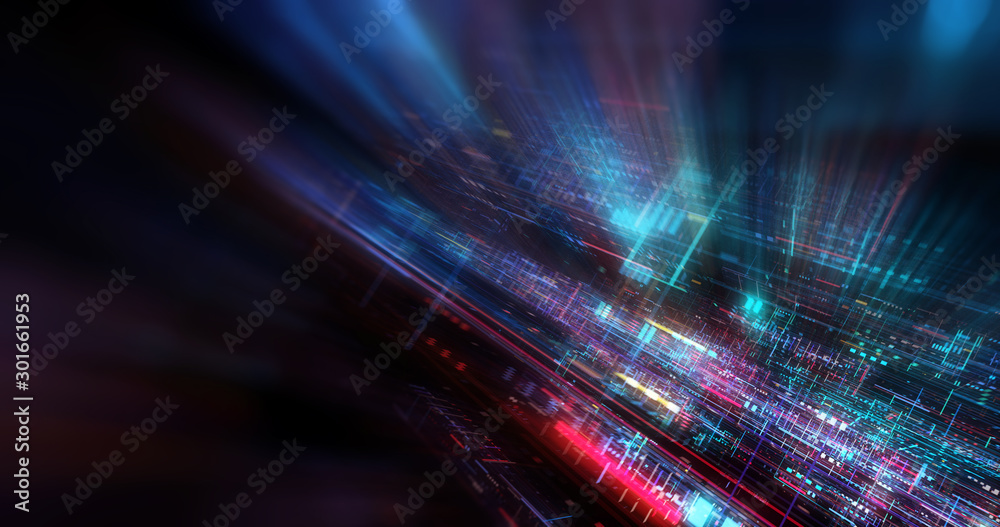 Wall mural abstract futuristic technological background, floating circuits, charts, digits elements. nano chip 