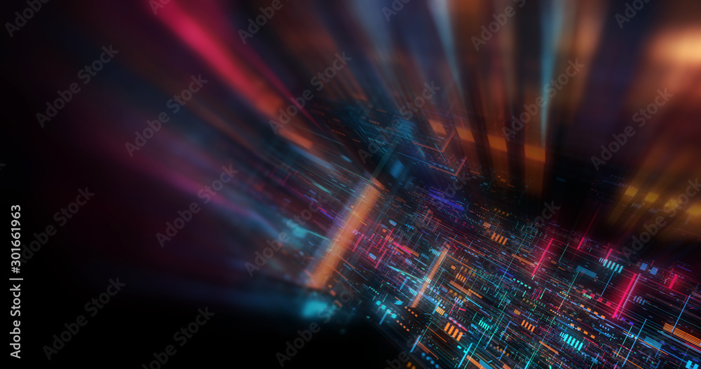 Wall mural abstract futuristic technological background, floating circuits, charts, digits elements. nano chip 