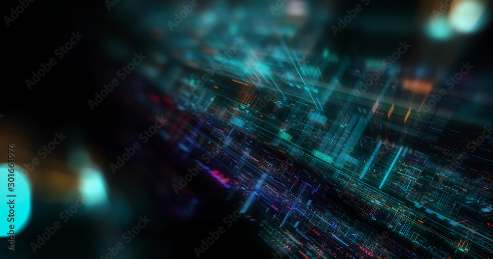 Wall mural abstract futuristic technological background, floating circuits, charts, digits elements. nano chip 