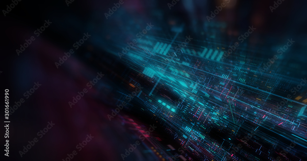 Wall mural abstract futuristic technological background, floating circuits, charts, digits elements. nano chip 
