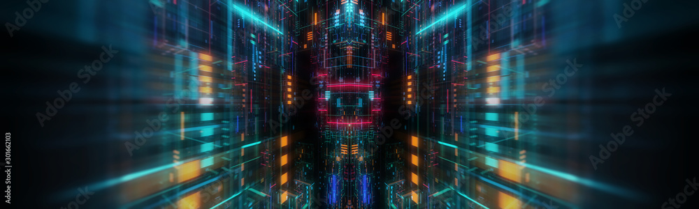 Wall mural abstract futuristic technological background, floating circuits, charts, digits elements. nano chip 