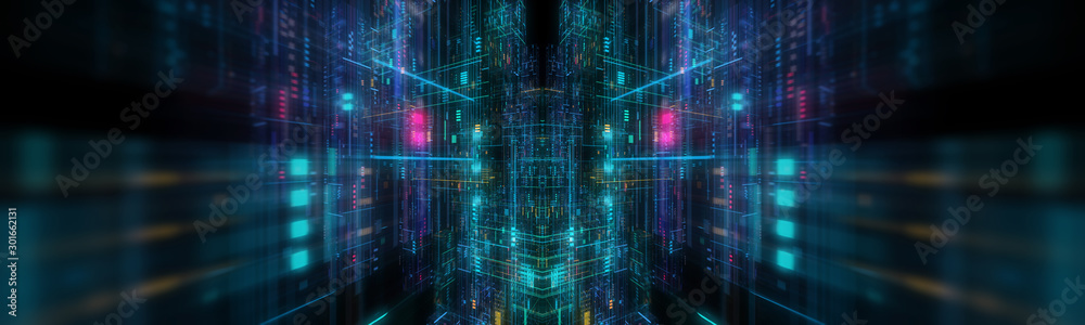 Wall mural abstract futuristic technological background, floating circuits, charts, digits elements. nano chip 