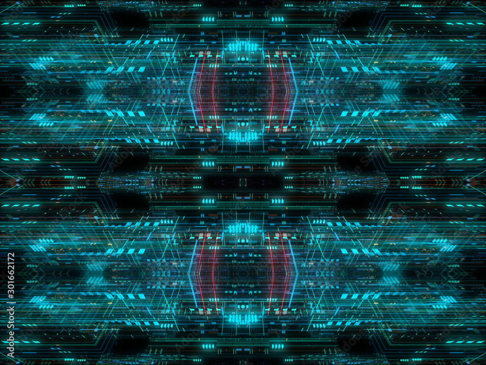 Wall mural abstract futuristic technological background, floating circuits, charts, digits elements. nano chip 
