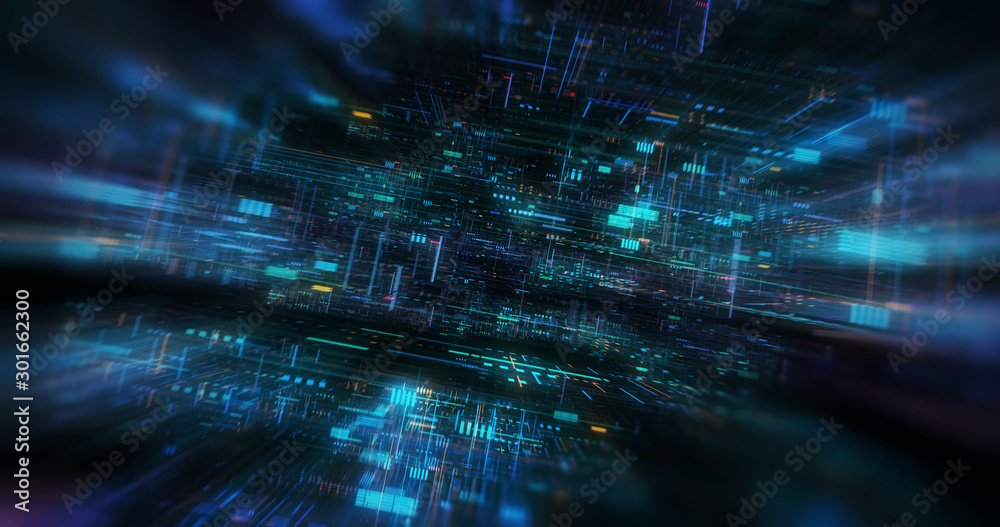 Wall mural abstract futuristic technological background, floating circuits, charts, digits elements. nano chip 