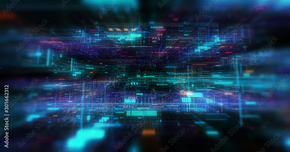 Wall mural abstract futuristic technological background, floating circuits, charts, digits elements. nano chip 