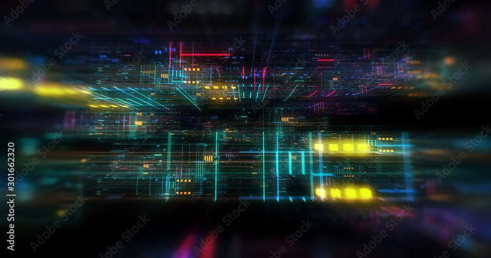 Wall mural abstract futuristic technological background, floating circuits, charts, digits elements. nano chip 