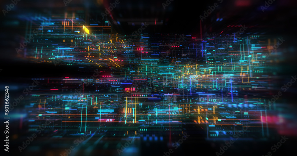 Wall mural abstract futuristic technological background, floating circuits, charts, digits elements. nano chip 
