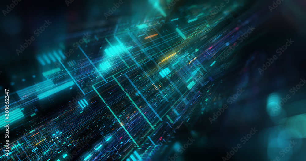Wall mural abstract futuristic technological background, floating circuits, charts, digits elements. nano chip 