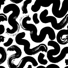 Black paint brush strokes and smears vector seamless pattern. Chaotic ink smudges decorative texture.