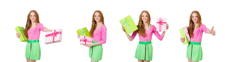 Young woman with christmas shopping on white