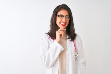 Chinese doctor woman wearing coat and pink stethoscope over isolated white background looking...