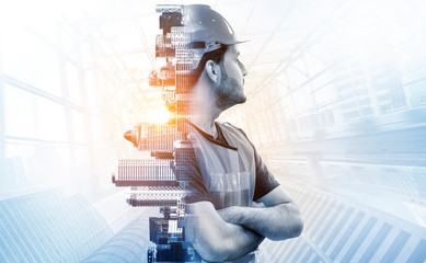 Future building construction engineering project concept with double exposure graphic design....
