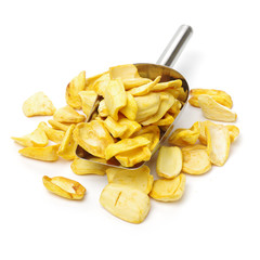 Close up of a pile of dried jackfruit chips isolated on white background