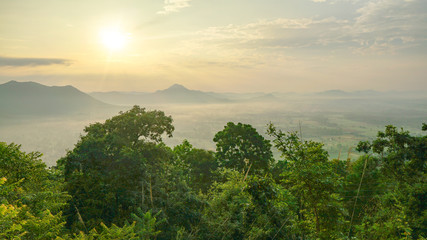 View of landscape with morning sunrise at Phu Thok Mountain, Chiang Khan, Loei Province, Thailand