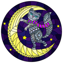 Illustration in stained glass style with fabulous grey kitten  on the moon on a starry sky background, round image 