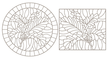 Set of contour illustrations of stained glass Windows with oak branches, acorns and leaves, dark contours on a white background