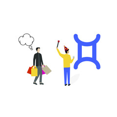 Set of flat cartoon characters isolated with man and dialog box, man with magic wand and twins zodiac sign