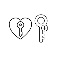 Set of vector icons with key and heart and key with plus sign, add key on a white background